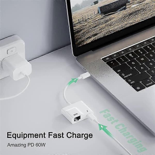 USB-C–Ethernet-sovitin, USB Type-C–RJ45 Gigabit Ethernet LAN -sovitin PD 60W -laturilla, Air/Pro-malleille