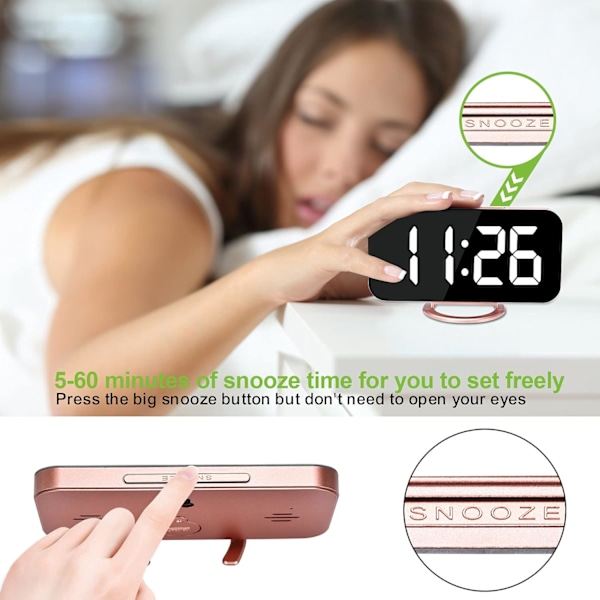 Väckarklocka för sovrum, LED och spegel digital klocka stor skärm, med dubbla USB-laddningsportar, automatisk dämpning, snooze-läge, modern skrivbords-/väggmonterad elektronisk Rosegold