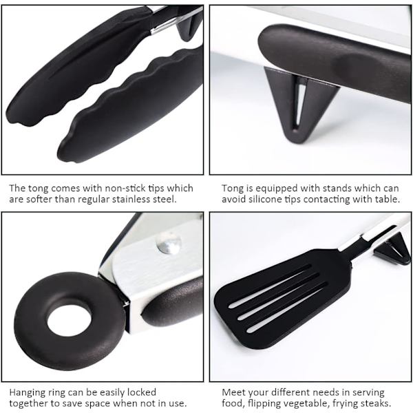Kökstång med vilande pryl, 9 tum silikonspateltång, rostfritt stål non-stick grundläggande matlagningstång, lämplig för bakning, stekning, servering Black2pcs(26cm)