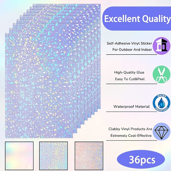 40 arkkia holografista itseliimautuvaa paperia, läpinäkyvää A4-kokoista kalvoa, vedenpitävää itseliimautuvaa, 11,7 x 8,3 tuumaa (jalokivi, piste, väri,
