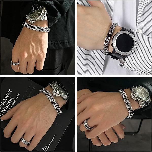 Herrarmband i Antik Kubansk Silver, Trendig Retro Titanstål Enkel Sexsidig Platt Denim Armband #1 Silver21CM