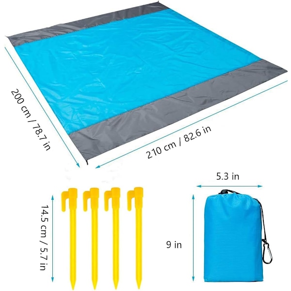 Strandmatta Picknickfilt 210 x 200cm Strandfilt Vattentät Sandtät Vattentålig Picknickfilt med 4 Fästspikar, Förstärkt Kant för B Blue