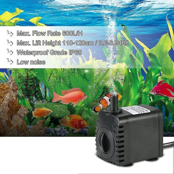 600l/h 8w Mini Pomp Aquarium dränkbar vattenpump för akvariebordsfontäner Dammvattenträdgårdar och hydroponiska system med 2 munstycken Ac220-240