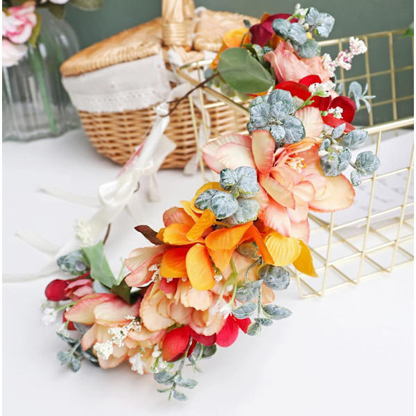 Blomsterkrans Kronbröllop Blommig Hårband Hårkrans Blomstergirlang Blomster Halo Blomsterhuvudbonad Boho med Band Bröllopsfest 5 1 count (Pack of 1)