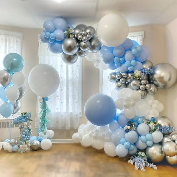 Blå ballongbågsset, 114 delar blå silver ballonggirlangset, blå silver och vita ballonger, gör-det-själv ballongbåge för bröllop, dop, pojke
