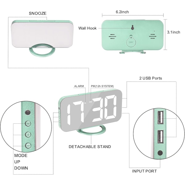 Digital Klok med Stor Skjerm, Vekkerklokker med Speiloverflate, med 2 USB-Laderporter, Automatisk Dimming, Snooze, Liten Elektrisk Klok for Soverom Kontor L Green