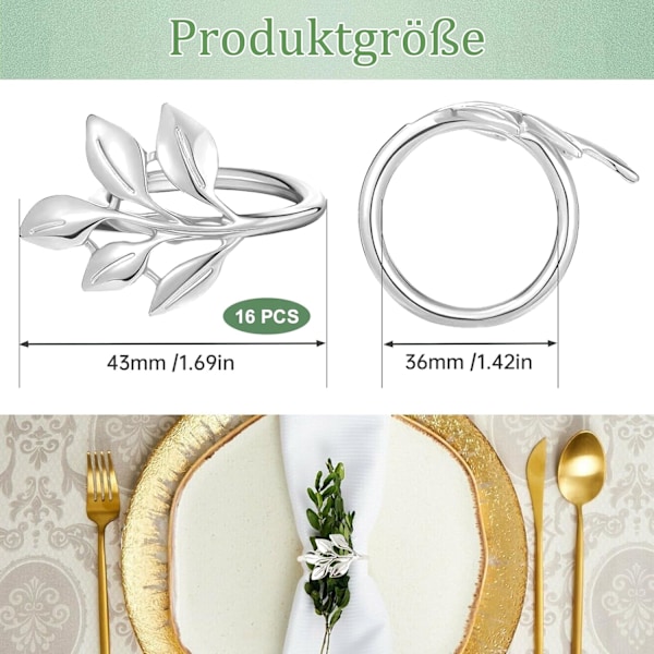 16 kpl Hopeasormukset, Metalliset Serviettisoljet, Lehti Serviettipitoimet, Elegantti Serviettisoljet, Serviettisormukset Kiitospäivälle, Hääjuhlille