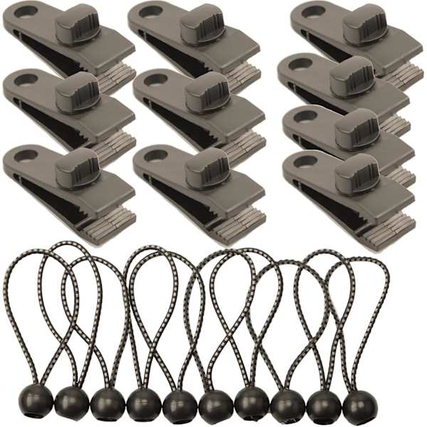 10 stk presenningklemmer Markiseklemme Heavy Duty Låsgrep med 10 stk Ball Bungee-snører, faste plast linoleum teltklemmer Presenningklemmer Teltspenner, telt Black 16cmx13cmx6.5cm