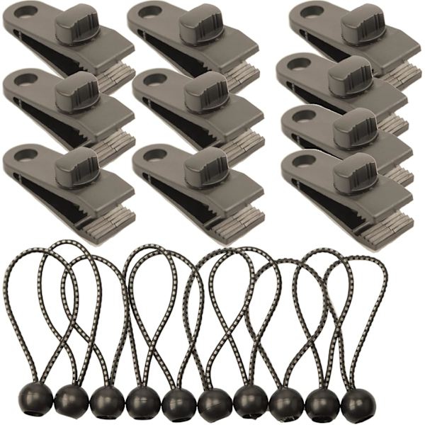 10 stk. presenningklemmer teltklemmer kraftig låsgreb med 10 stk. kuglebungee-snore, faste plastik linoleum teltklemmer presenningklemmer teltbeslag, telt Black 16cmx13cmx6.5cm