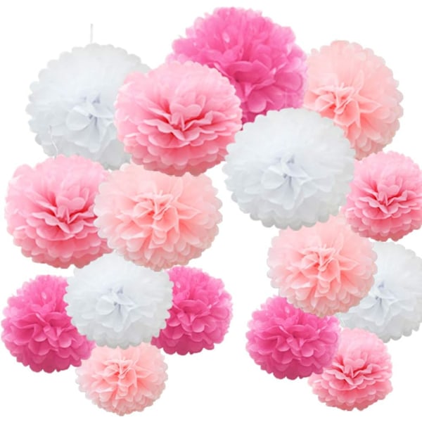 16 stk. Mix Tissue Paper Pompoms Pom Poms Blomster Håndlavede Bryllupsfest Dekorationer Kugler, Pink Skygge #02 Pink Shade