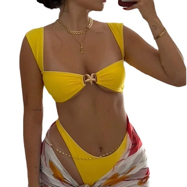 Keltainen yksivärinen bikini, kaksiosainen urheilubokseri, korkea kaulus, edestä solmittava uimapuku yellow x