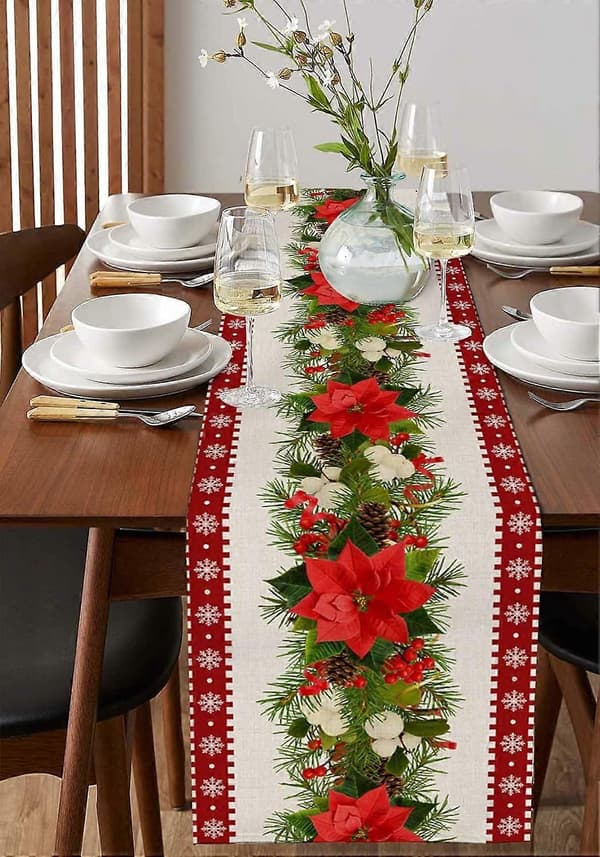 Rød Rustik Julebordløber med Snefnug og Stjerner, 33x183 cm-FX-