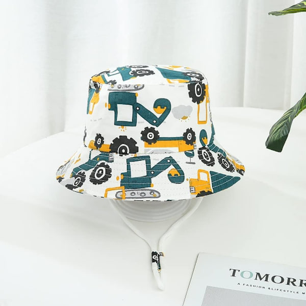 Baby Solhatt, Toddler Bucket Hat, Barn Sommar Fiskarehattar för Spädbarn Pojkar Flickor, Bred Brätte Strandmössa Dinosaurie Fiskarehatt med Hakrem White Excavator 24 Years