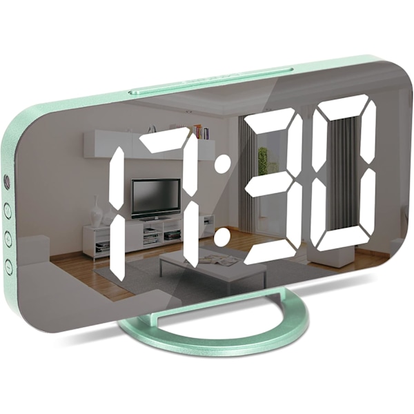 Digital Klocka med Stor Display, Väckarklocka med Spegel, 2 USB-Laddningsportar, Automatisk Dämpning, Snooze, Liten Elektrisk Klocka för Sovrum Kontor Green