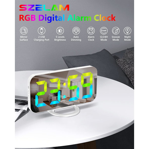 Digital väckarklocka, LED RGB färgglada klockor, med spegelyta stor skärm, 2 USB-laddningsportar, automatisk dämpning, modern skrivbords klocka för sovrum hem Whitergb