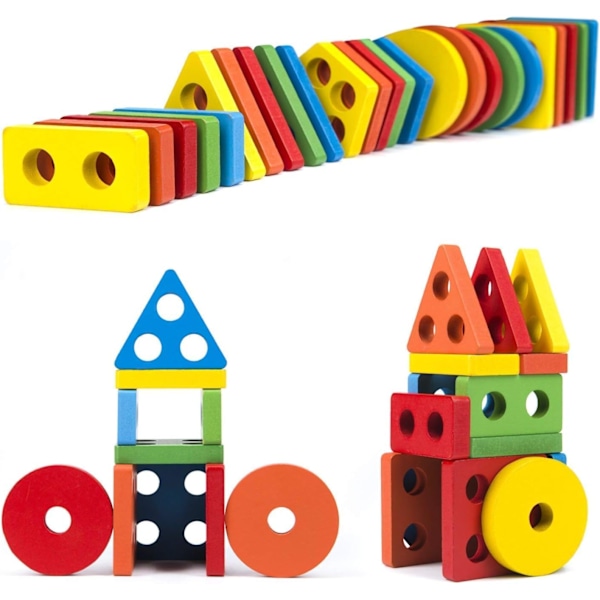 Træsorterings- og stakkespil 25 stk. Geometriske former Sortering og stakning af blokkebræt, Træpædagogiske puslespil til 2 3 4 år gamle baby drenge Gi Blue,green,orange,red