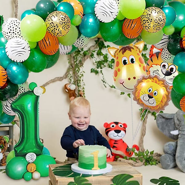 Djungel 1 år gammal pojke födelsedagsfest dekorationer, 1 år gammal baby pojke födelsedagsfest dekorationer, 1 år gammal födelsedag ballonger djur med latex djungel