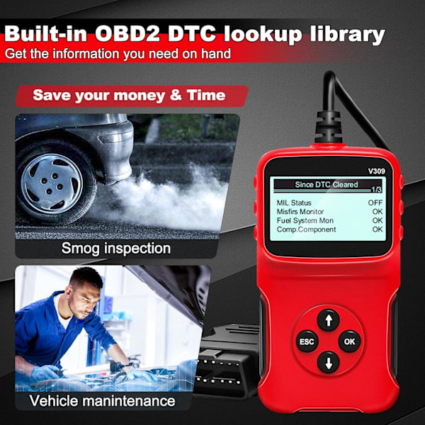 Car OBD2 Scanner Universal Wired Auto Engine Fault Code Reader CAN Diagnostic Scan Tool V309 til Check Engine Light, I/M Readiness Smog Check, HD LCD V309