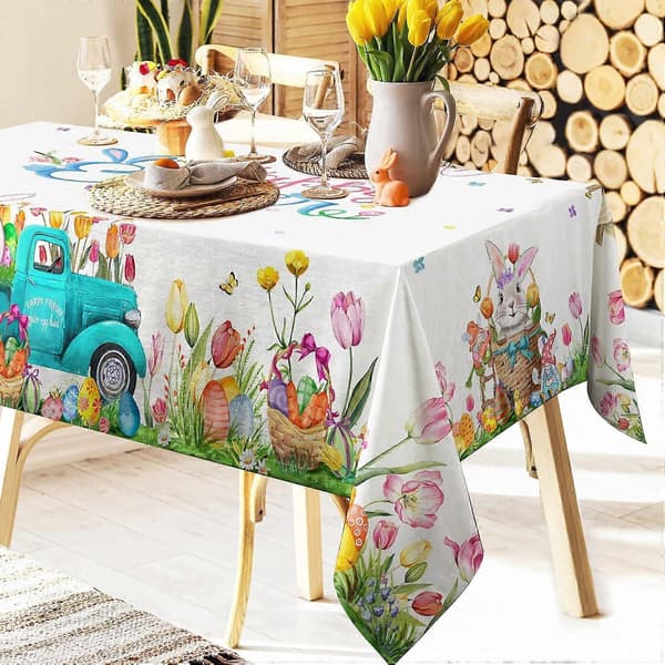 Glad påsk duk för picknick 60 x 84 tum, vattentät polyester, färgglad påskdesign, lättskött