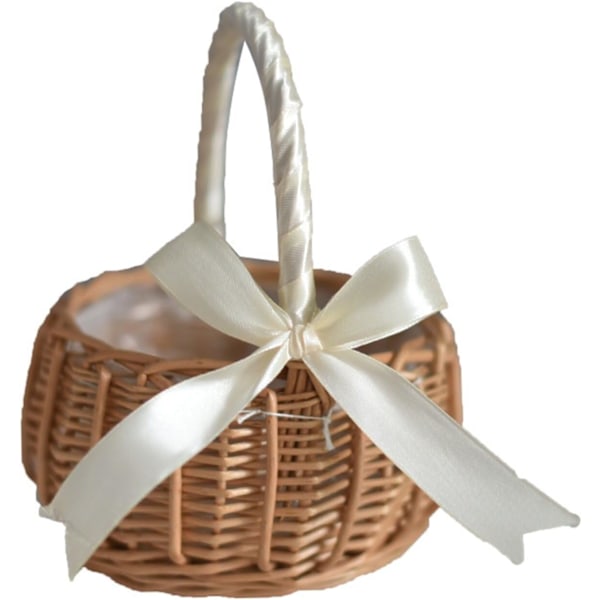 Blomsterflickebaskets för bröllop, korg i rotting med handtag och band, vävd förvaringskorg, korg för blommor, kakor och godis till påskbröllop White Small