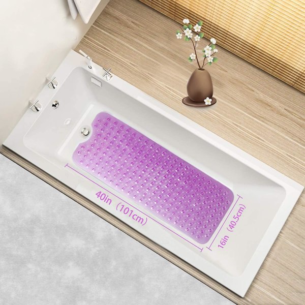 Erittäin pitkä kylpymatto Liukumaton kylpymatto, suihkumatto 200 imukupilla, 40,5 x 101 cm (läpinäkyvä violetti)