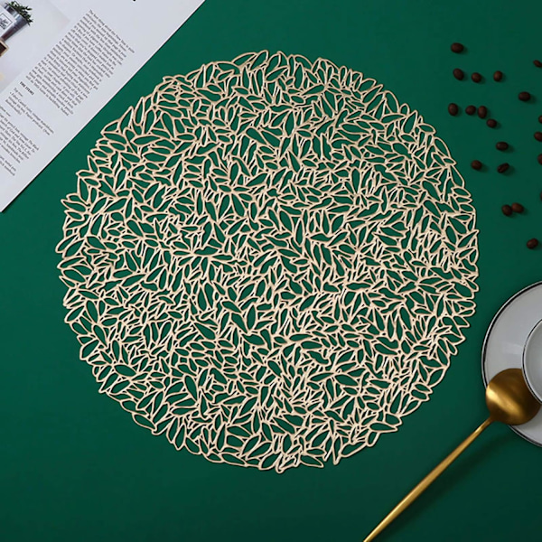 Runde Placemats, Gyllen Rund Anti-Skåldingsbord, Rundt Brukket Bladmønster PVC Bordsett, For Tallerkener Potteholdere, Borddekorasjon (Gull) gyllene Blatt