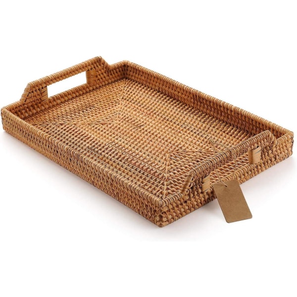 Håndvevd Rattan Rektangulær Serveringsbrett Med Håndtak For Frokost, Drikke, Snacks For Kaffebord (14.5x10.2x1.4inches)