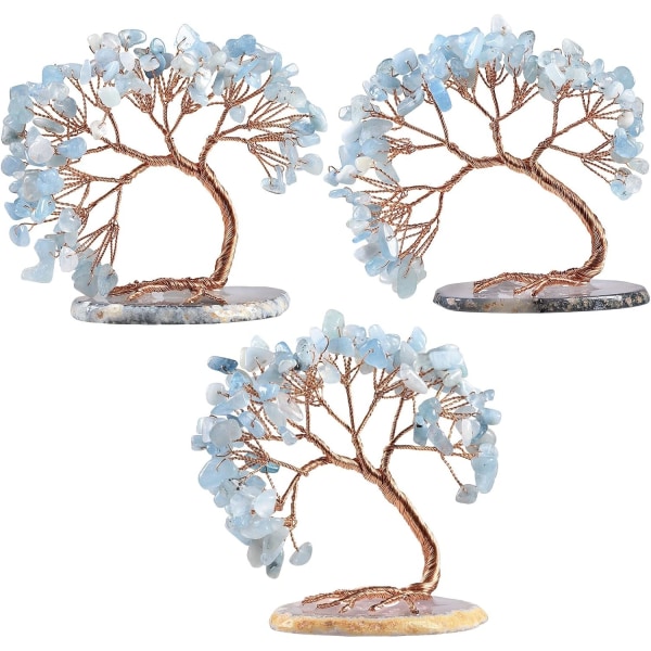 Akvamarin krystalpengetræ FengShui Bonsai træfigurer med agatskivebase, krystaltræ hjemmekontor ornament for held og sundhed, 3- 4blue