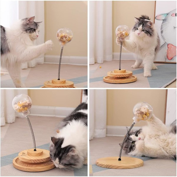 Katt Leksaker Interaktiva för Innekatter Kattunge Leksak, Katt Boll Leksak Katt Godis Fjäder Leksak med Cirkel Boll Spår, Trä Automatisk Katt Leksak Långsam Matare Tr Treat Toy