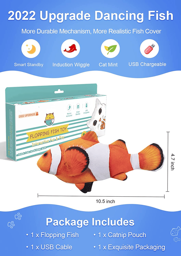 Flopping Fish 10,5\", Opgraderet til 2022, Bevægelig Kattekicker til