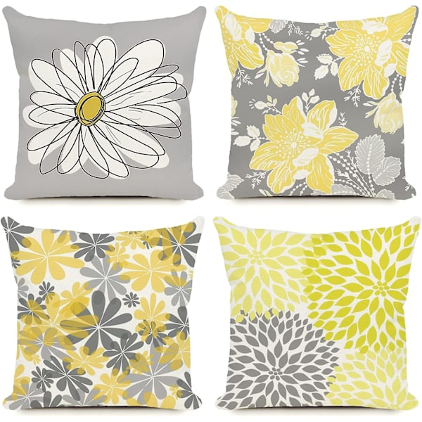 Utomhuskuddar Grå Gul Blomma Daisy Kuddfodral Set om 4