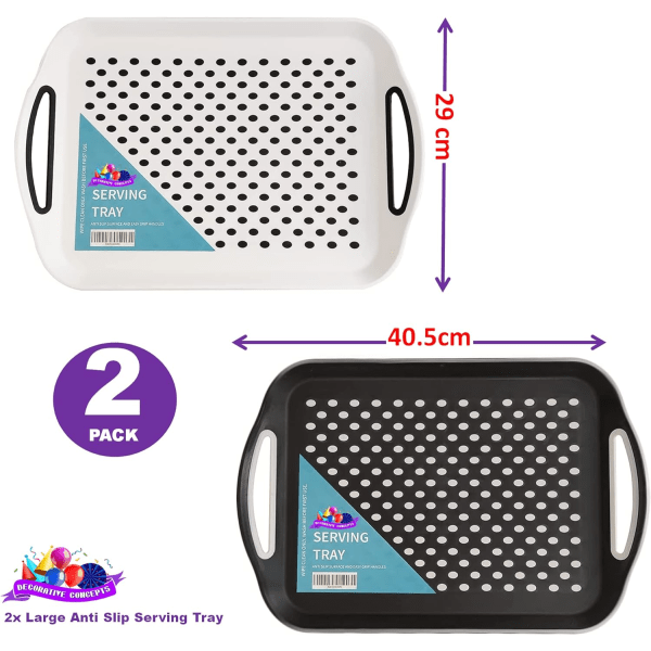 2pk Store Anti-Skli Serveringsbrett - 40 x 29cm Brett For Spising Lap Tray Plastbrett Matbrett Tebrett Middagsbrett Black + White