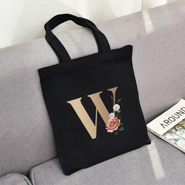 26 bokstäver tryckt canvas återanvändbara matkassar, hopfällbar casual resehandväska, axel strand tote väskor, shopper väska miljövänlig super stark tvättbar Gold W