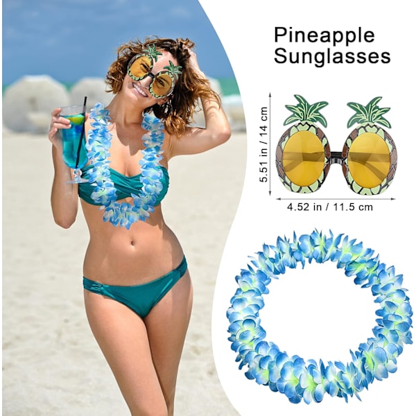 Hawaiian Flower Lei Set, Hawaiian Lei Flower Garland Fancy Dress Set med ananas solbriller, Hawaiian flower halskæde pandebånd armbånd til T Blau