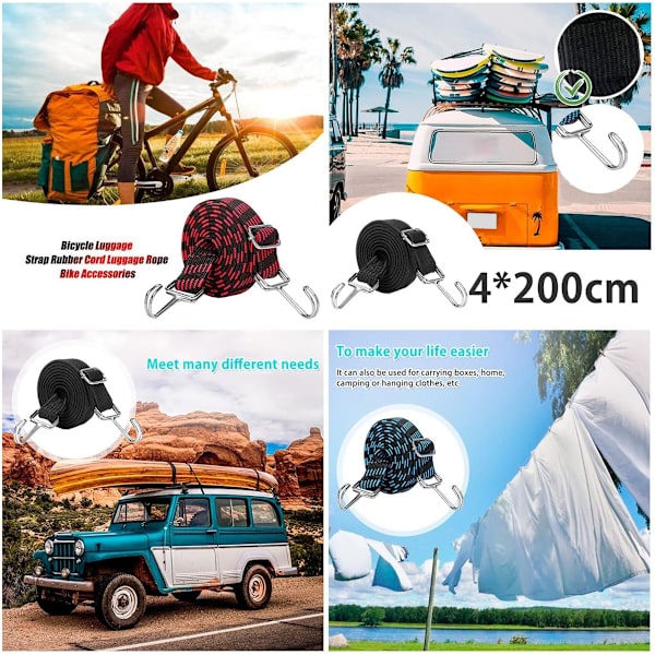 Justerbare Bungee-snore med kroge, 4-pak 2M Elastiske Bungee-stropper Lang Elasticitet Reb Heavy Duty Bungee-stropper med krog til Motorcykel, Black 200Centimeter