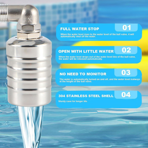 Helautomatisk 304 rostfri flottörventil, automatisk vattennivåregulator för vattentank, mini rostfri flottörkulventil (plugg)