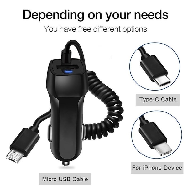 Auto Rask Lading Bil Lader Med Inntrekkbar Kabel Telefonlader Usb Med Type C Kabel