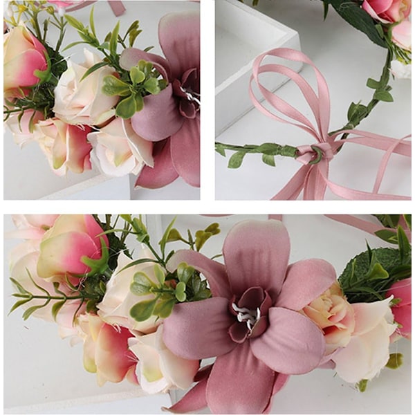 Blomsterkrans Hodebånd Blomsterkrans Krone Hårkrans Hårgirlander Blomsterglorie Blomsterhodeplagg Boho med Bånd Fest Bryllup Festival Rosa 6 1 count (Pack of 1)