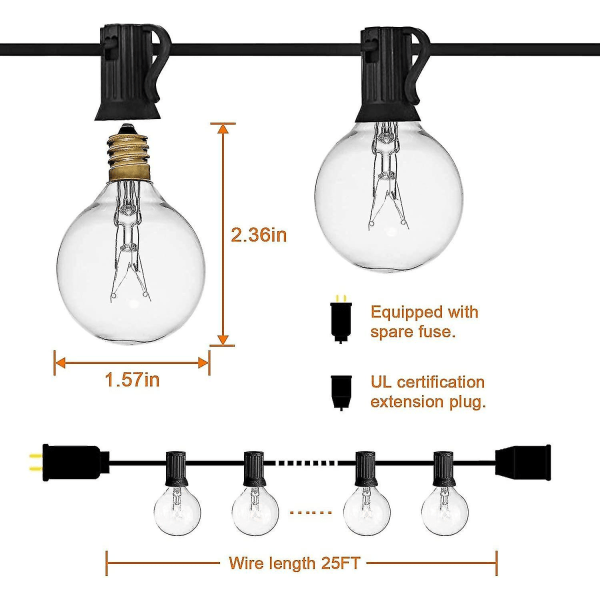 Utomhus ljusslinga 25 fot, vattentät, anslutningsbar balkongljus hängande Par