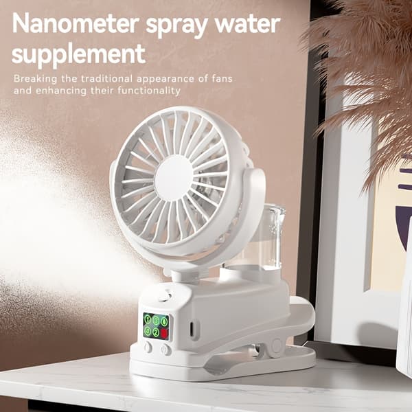 Dette er en hvid 2-i-1 ventilator og luftfugter: en ventilator med integreret befugtningsfunktion.