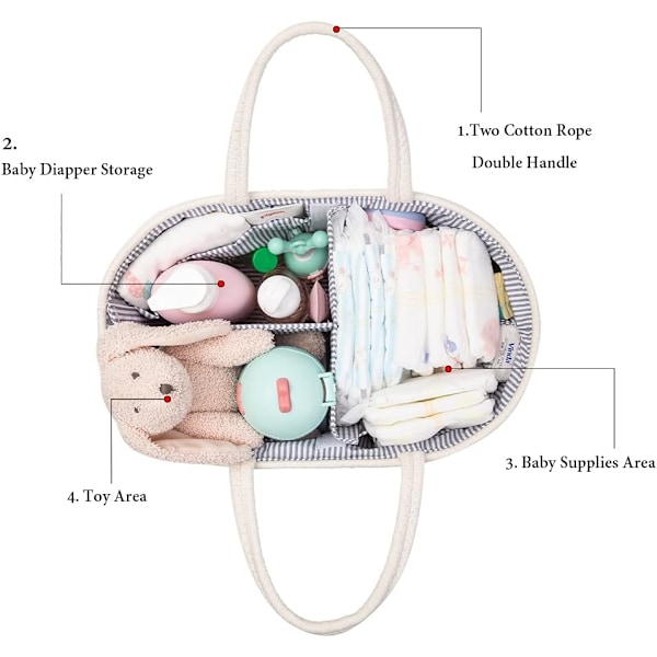 Babyblöj Caddy Organiser, Bärbar Bomullsrep Vävd Blöj Caddy - Barnkammare Förvaring, DIY Korg med Utbytbara Fack, Nyfödd Duschpresent 8gugray