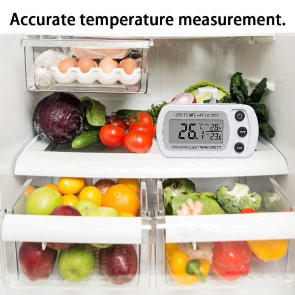 Vedenpitävä jääkaapin lämpömittari, digitaalinen pakastinhuoneen lämpömittari, tallennustoiminto, suuri LCD-näyttö