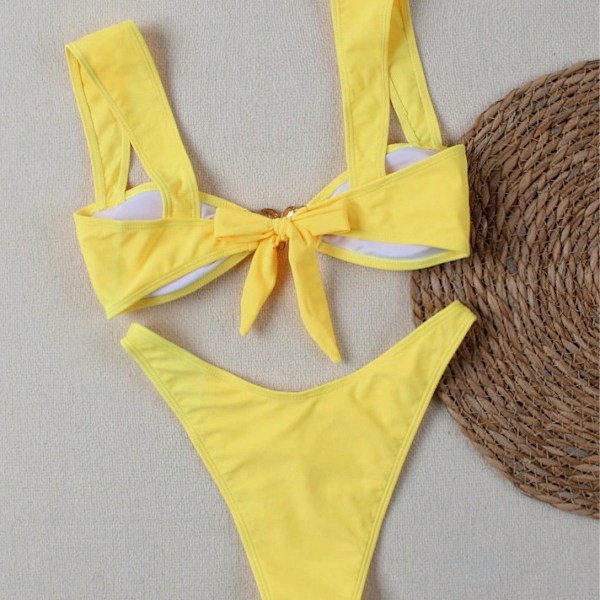 Keltainen yksivärinen bikini, kaksiosainen urheilubokseri, korkea kaulus, edestä solmittava uimapuku yellow x