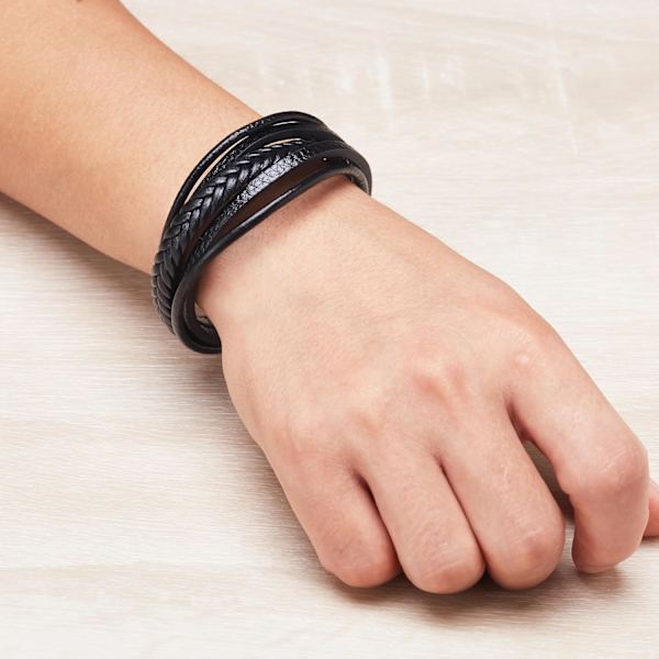 Mænds Ægte Sort Læderarmbånd med Rustfrit Stål Spænde