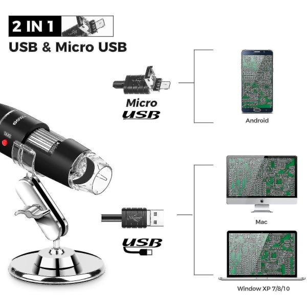 Usb Microscope 8 Led Usb 2.0 digitalt mikroskop, 40 til 1000x Magnificat Scope minikamera med Otg Adapter og Metal D, kompatibel med Mac