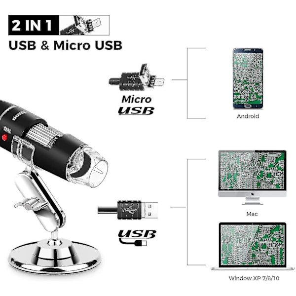 USB Mikroskop 8 LED USB 2.0 Digital Mikroskop, 40 til 1000x Forstørrelse Mini Kamera med OTG Adapter og Metal D, Kompatibel med Mac