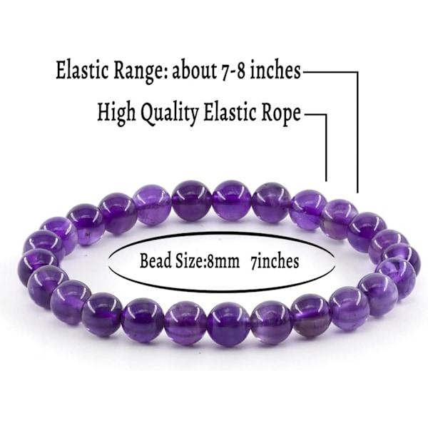 Kristall armband, 8mm Naturstenpärlor Armband, Läkande Kristall Armband för Kvinnor Män Amethyst