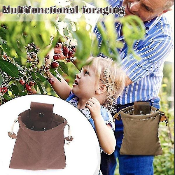 Canvas Forage Pouch, Fällbar Canvas Bushcraft Väska Med Dragsko Läderöverdrag, Midjehängande Verktygsväska För Fruktplockning Svart