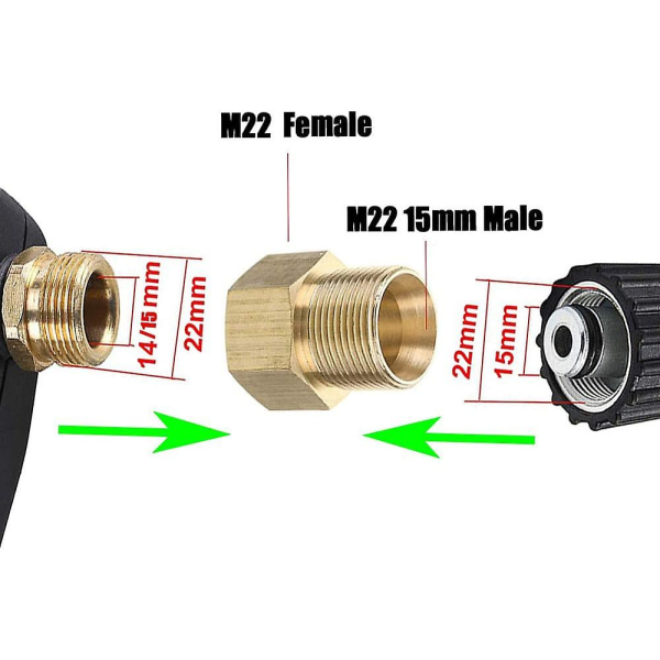 Messinkinen painepesurin liitin, metriset M22 15 mm uros - M22 14/15 mm naaras sisä