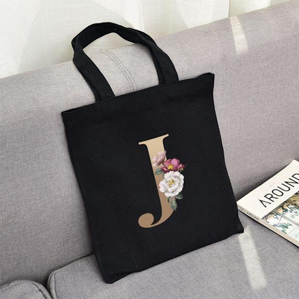 26 bokstäver tryckt canvas återanvändbara matkassar, hopfällbar casual resehandväska, axel strand tote väskor, shopper väska miljövänlig super stark tvättbar Gold J